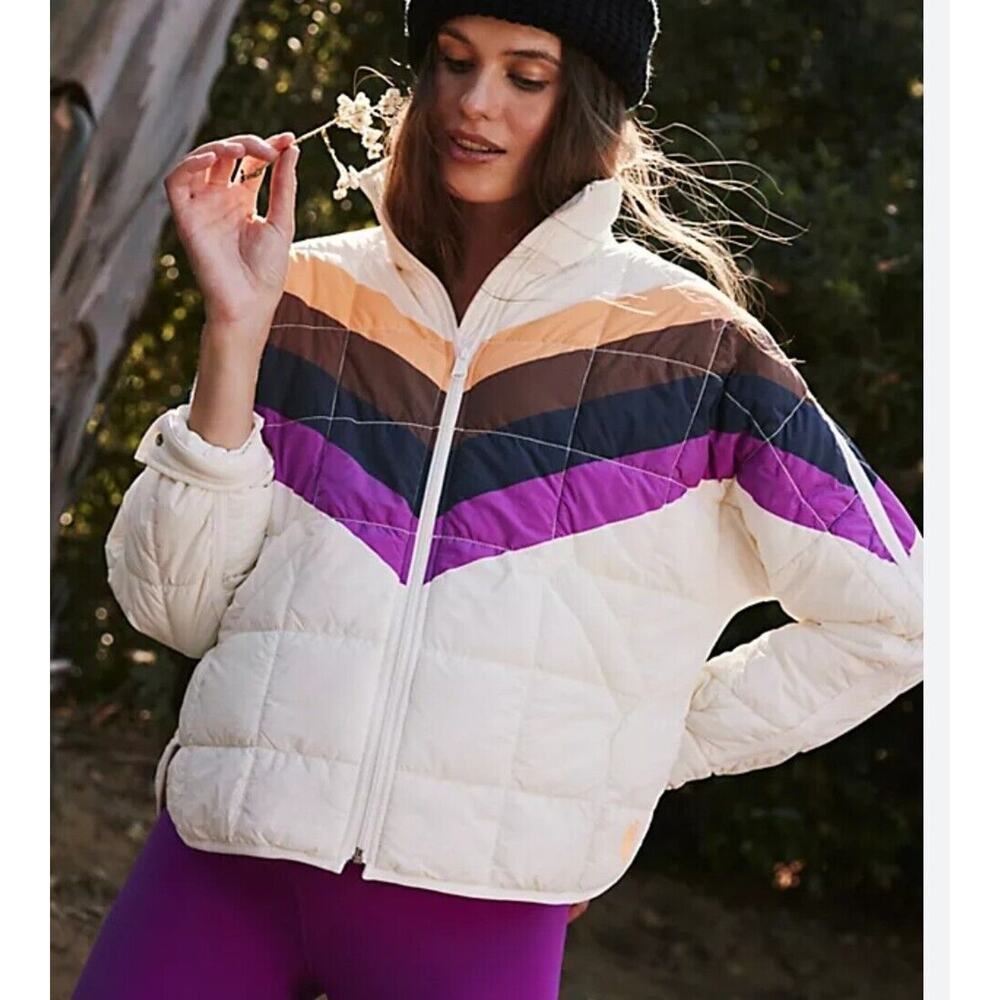 Free People Chevron Puffer Jacket in Cream and Purple maternity